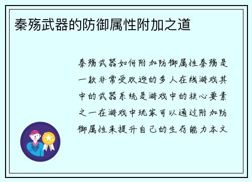 秦殇武器的防御属性附加之道