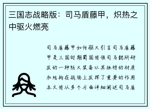 三国志战略版：司马盾藤甲，炽热之中驱火燃亮